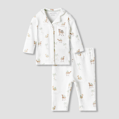 Juniors Cotton Collared Neck Long Sleeve Pyjama Set with Camel Print