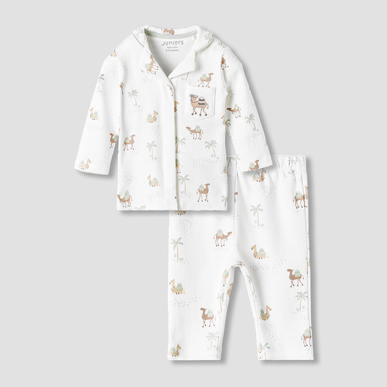 Juniors Cotton Collared Neck Long Sleeve Pyjama Set with Camel Print