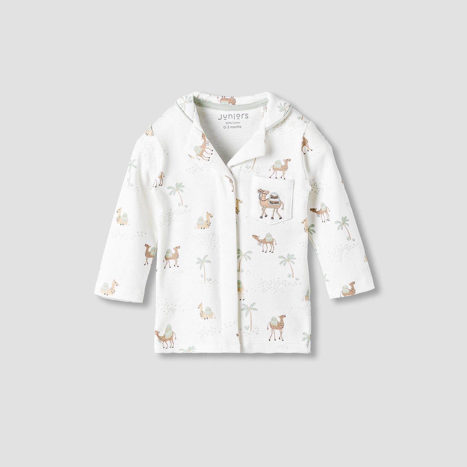 Juniors Cotton Collared Neck Long Sleeve Pyjama Set with Camel Print