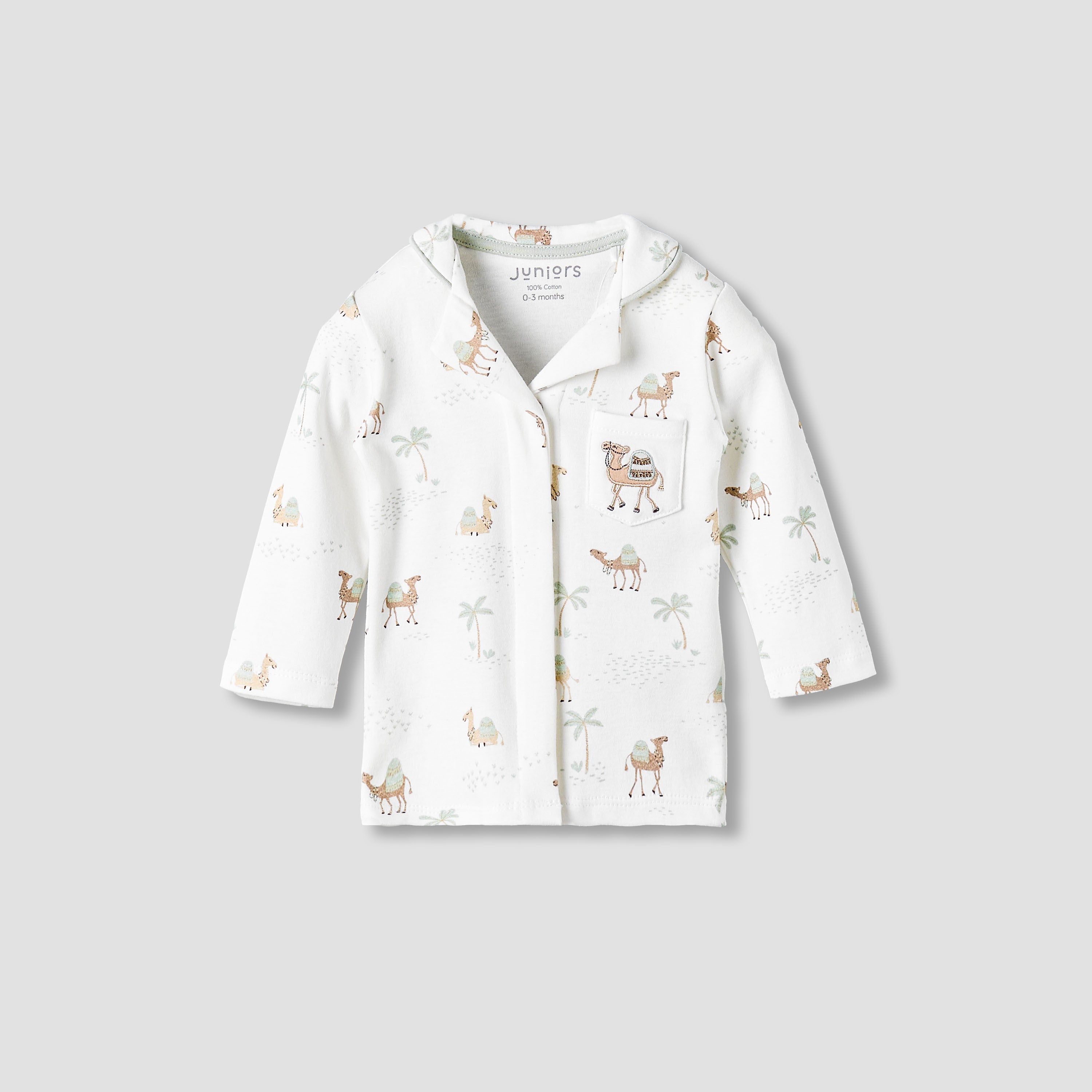 Juniors Cotton Collared Neck Long Sleeve Pyjama Set with Camel Print