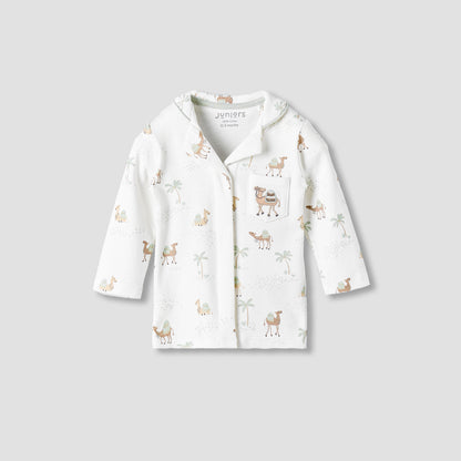 Juniors Cotton Collared Neck Long Sleeve Pyjama Set with Camel Print