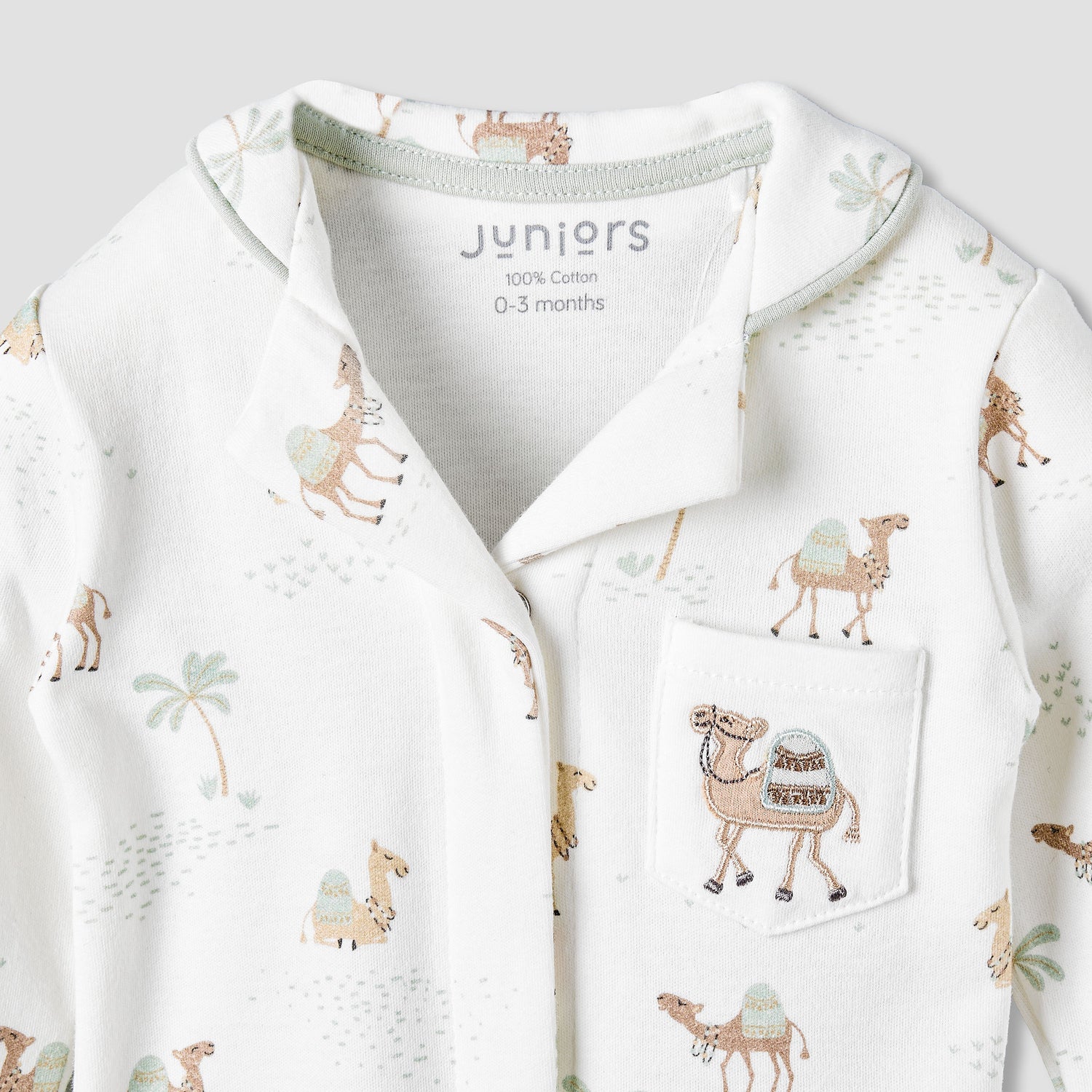 Juniors Cotton Collared Neck Long Sleeve Pyjama Set with Camel Print