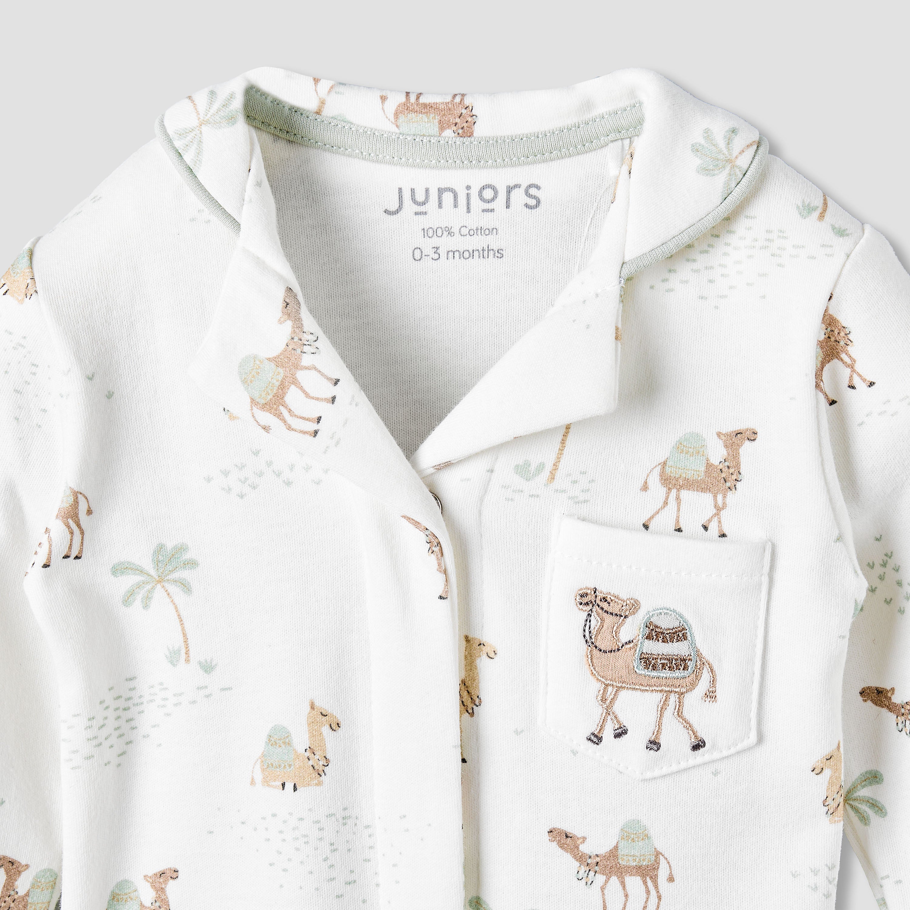 Juniors Cotton Collared Neck Long Sleeve Pyjama Set with Camel Print