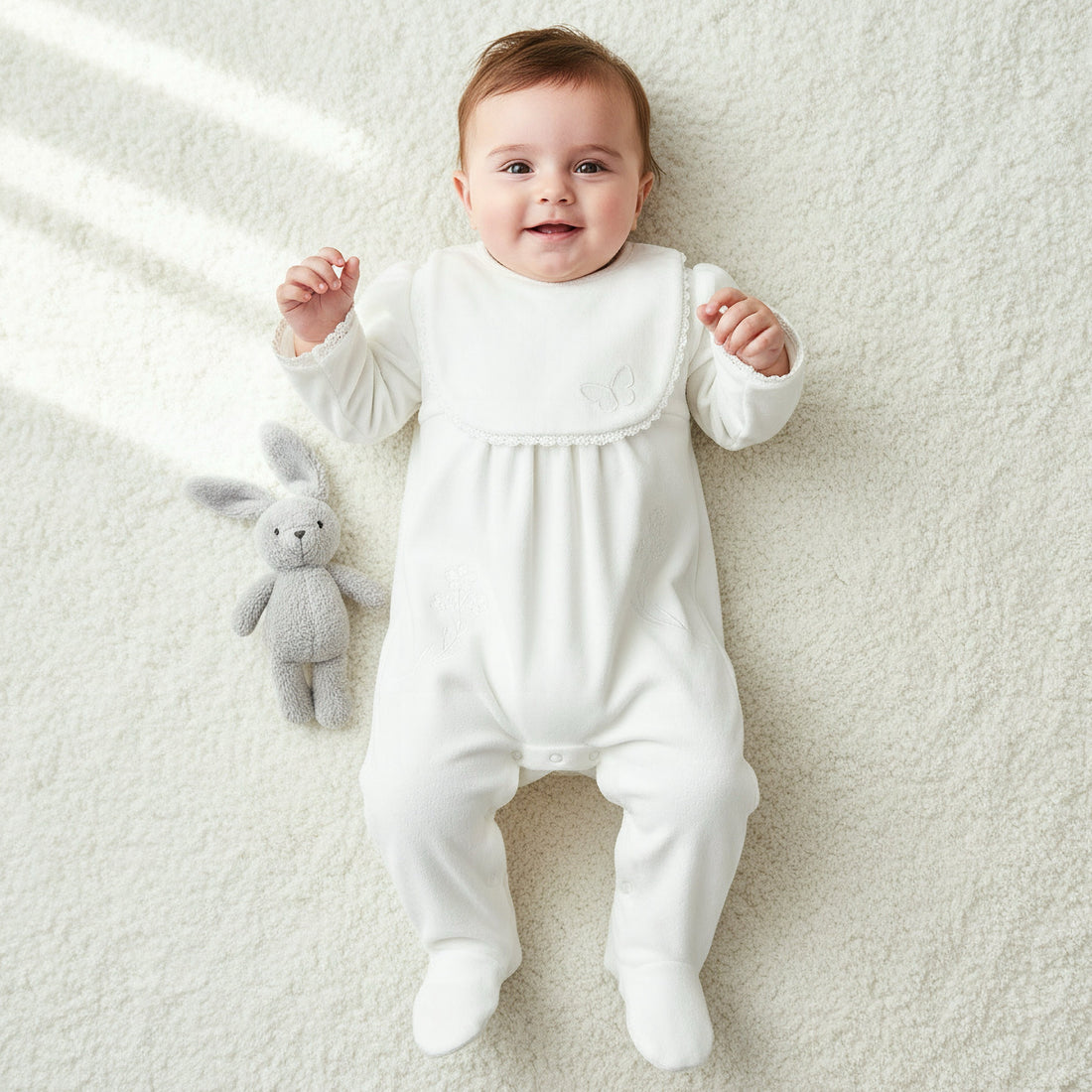 Giggles Round Neck Long Sleeves Sleepsuit with Butterfly Applique - White / 9-12 mths