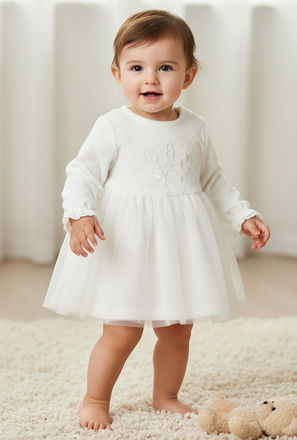 Giggles Round Neck Long Sleeves A-line Dress with Butterfly Applique