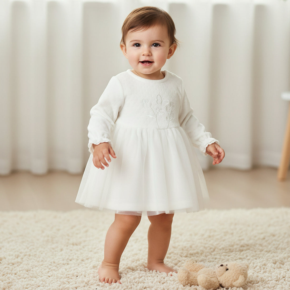 Giggles Round Neck Long Sleeves A-line Dress with Butterfly Applique - White / 9-12 mths