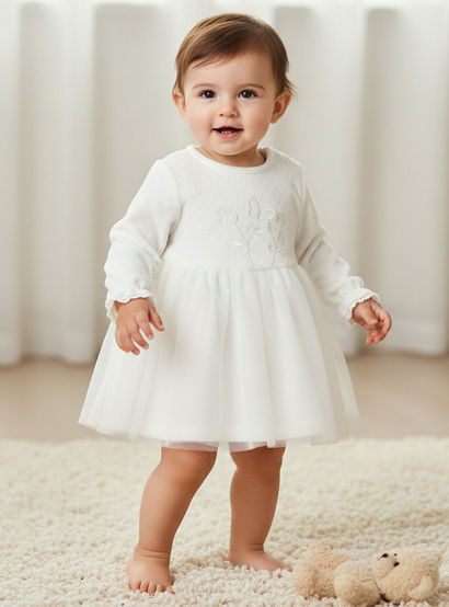 Giggles Round Neck Long Sleeves A-line Dress with Butterfly Applique-baby-girls-clothing-dressesandjumpsuits-image-1