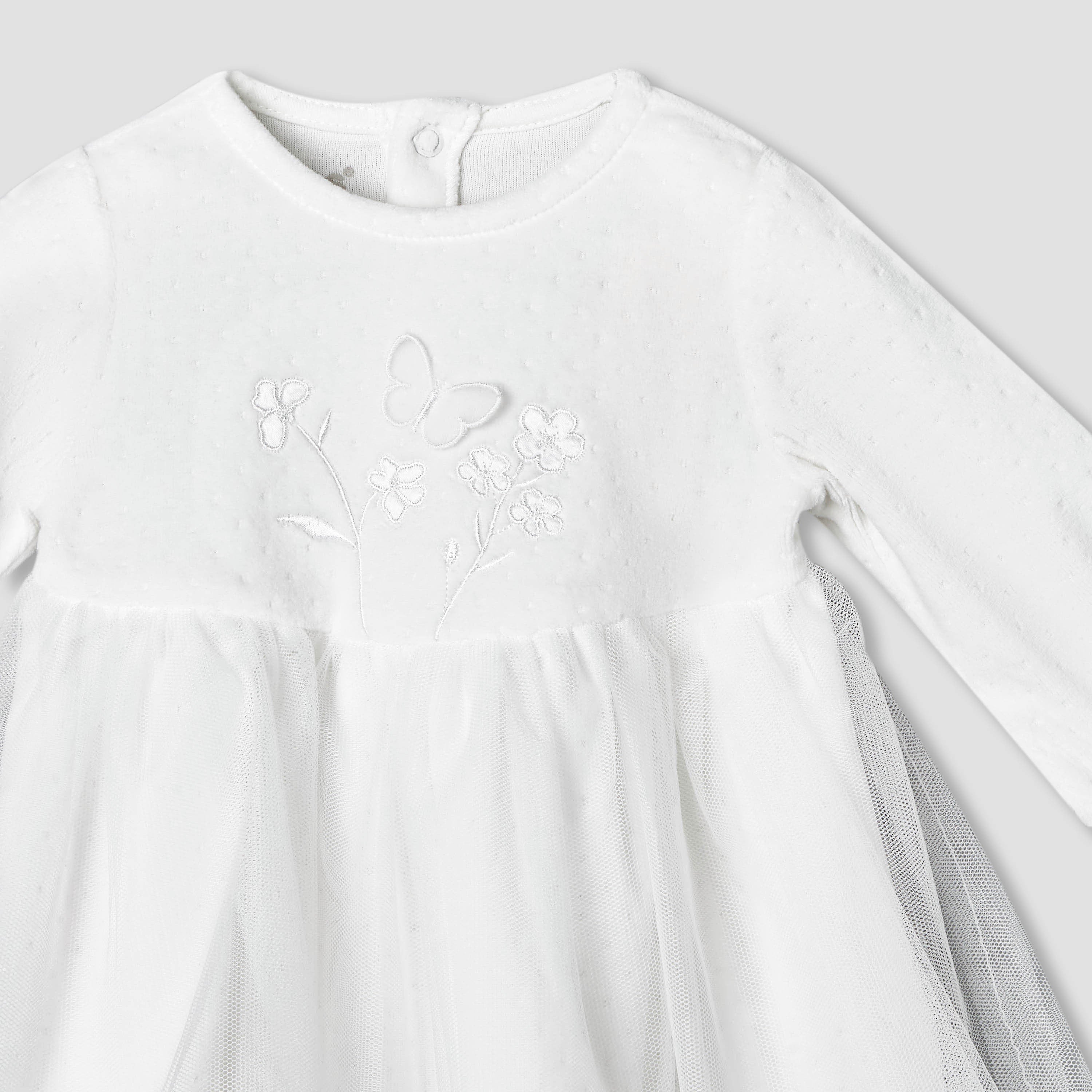 Giggles Round Neck Long Sleeves A-line Dress with Butterfly Applique