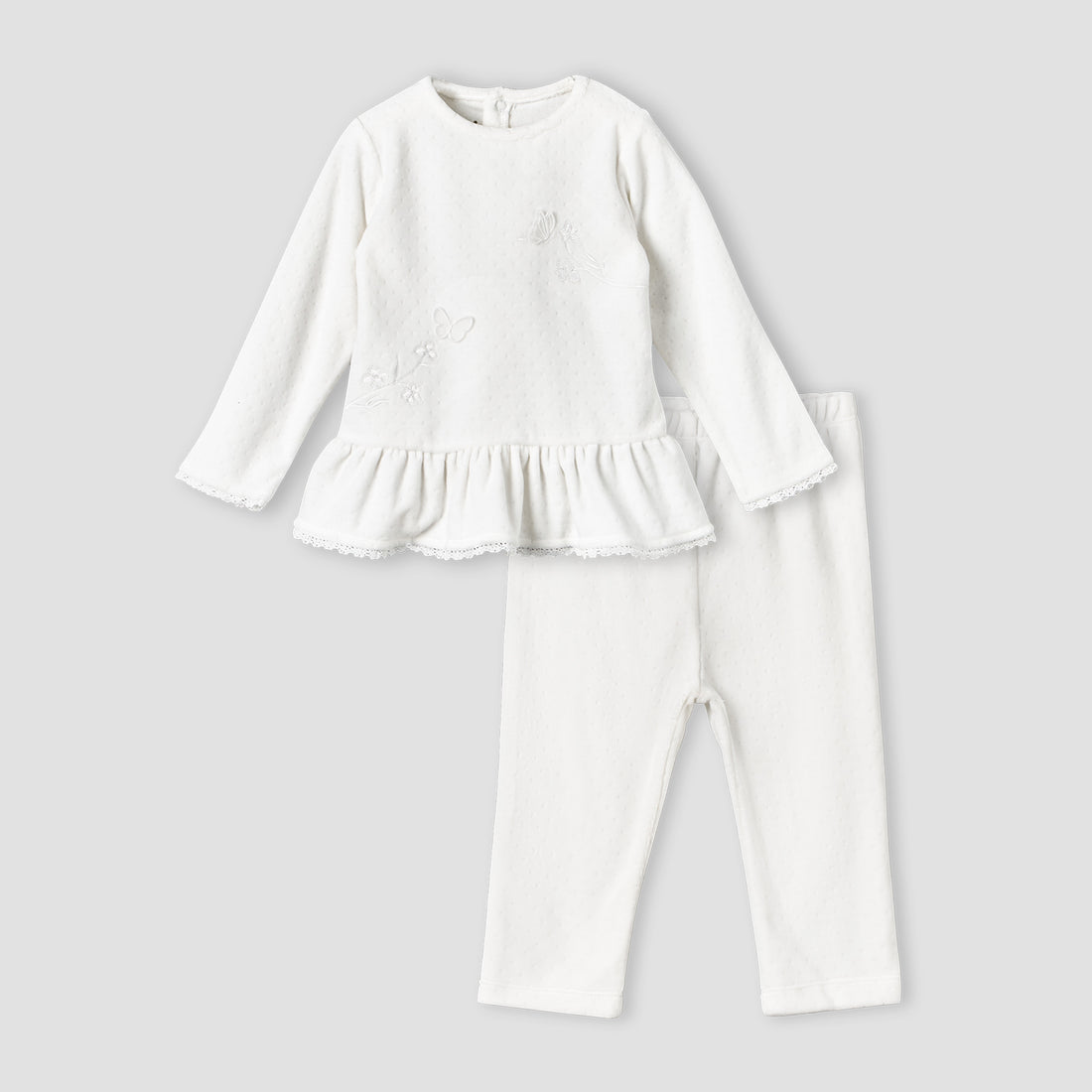 Giggles Round Neck Long Sleeve Pyjama Set with Embroidery - White / 9-12 mths