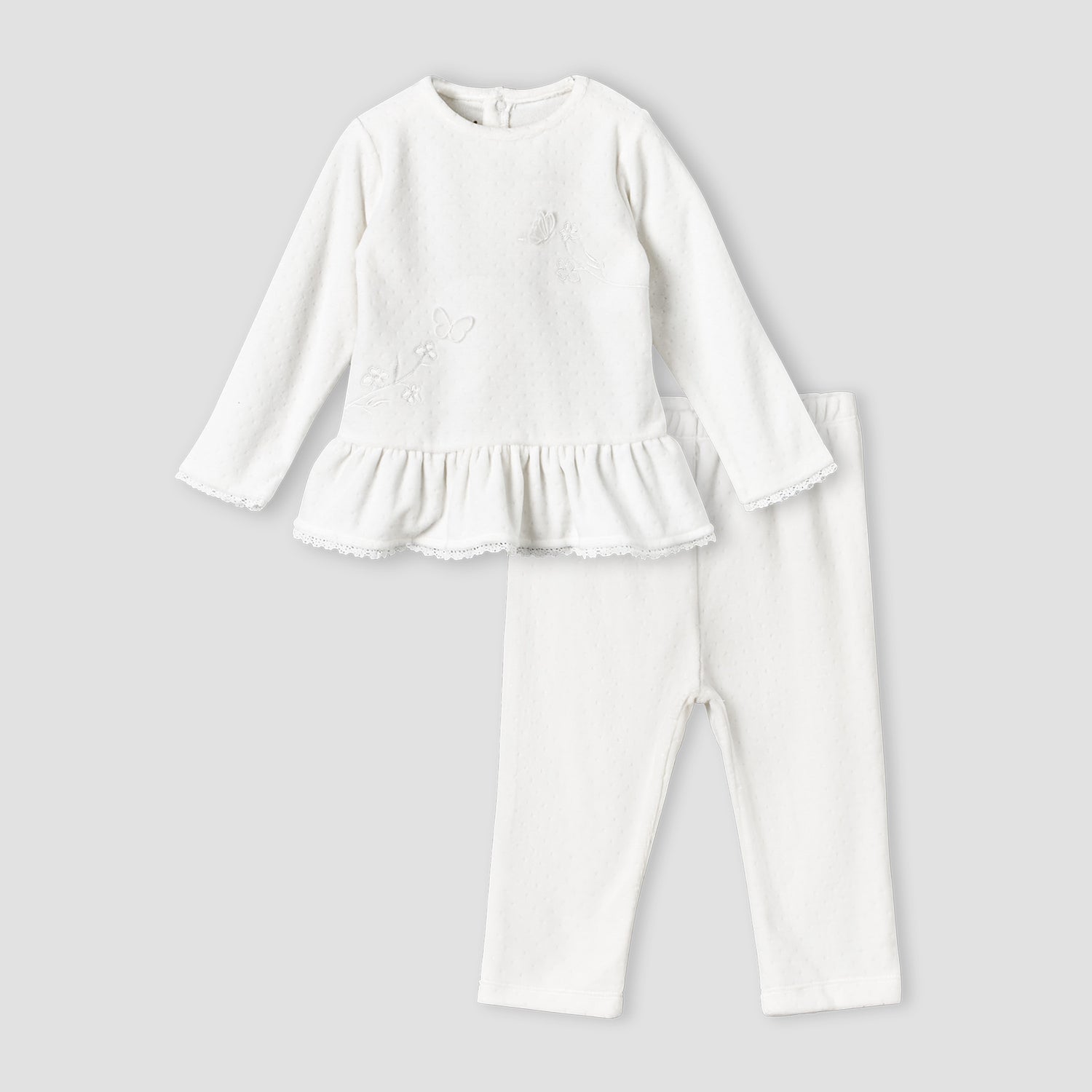 Giggles Round Neck Long Sleeve Pyjama Set with Embroidery - White / 9-12 mths