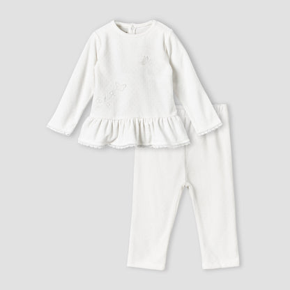 Giggles Round Neck Long Sleeve Pyjama Set with Embroidery - White / 9-12 mths