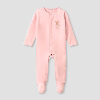 Juniors Cotton Crew Neck Long Sleeves Sleepsuit with Snap Button Closure - Pink / 9-12 mths