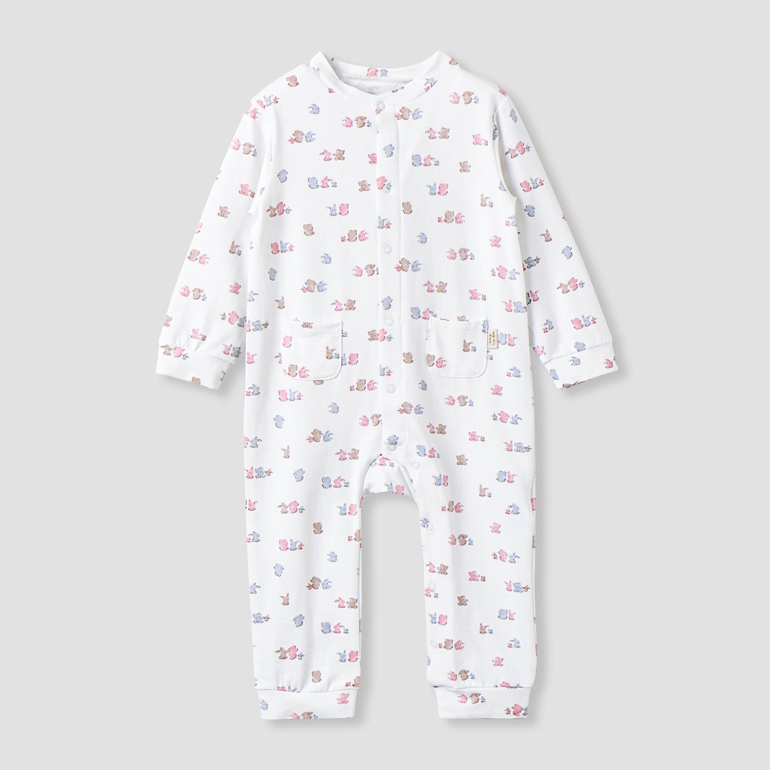 Juniors Cotton Mandarin Collar Long Sleeves Sleepsuit with Snap Button Closure - White / 12-18 mths