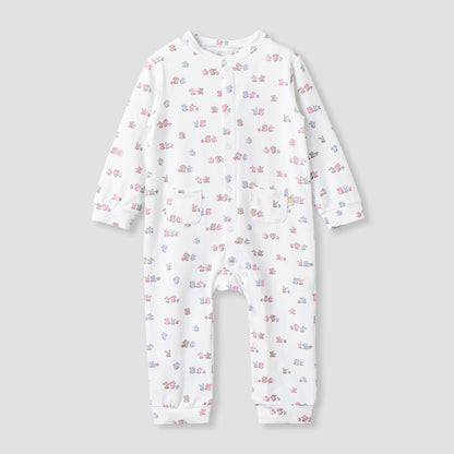 Juniors Cotton Mandarin Collar Long Sleeves Sleepsuit with Snap Button Closure - White / 12-18 mths
