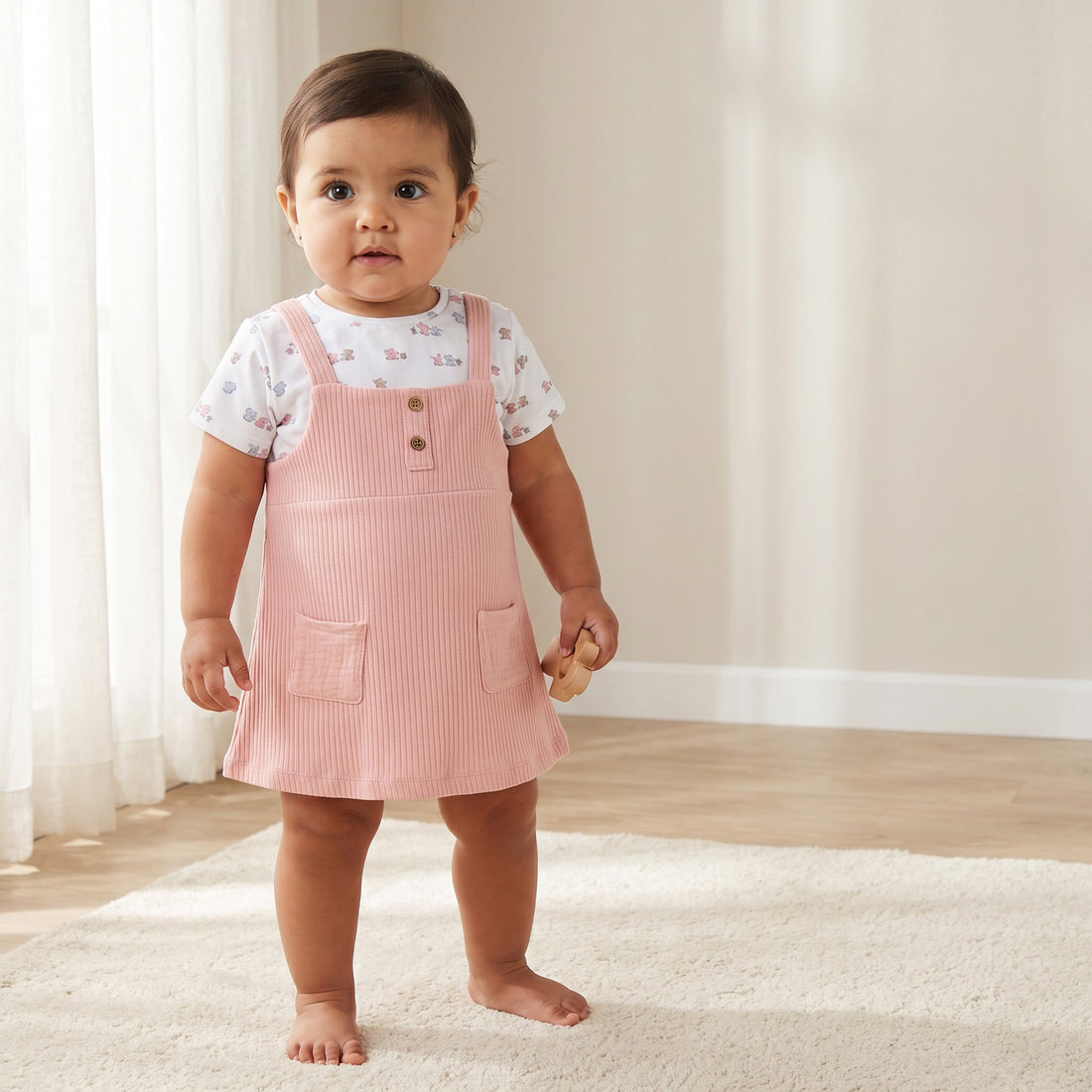 Juniors Round Neck Short Sleeves Knee Length Dress with Bear Print - Pink / 12-18 mths