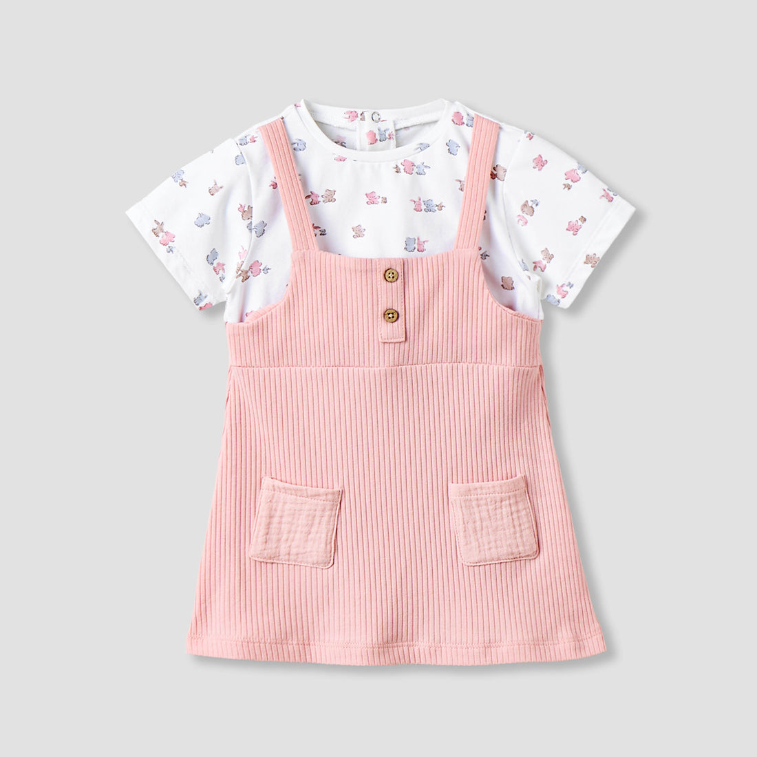 Juniors Round Neck Short Sleeves Knee Length Dress with Bear Print