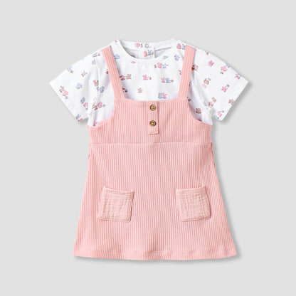 Juniors Round Neck Short Sleeves Knee Length Dress with Bear Print