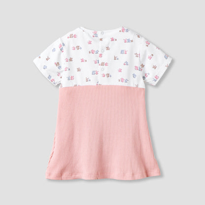 Juniors Round Neck Short Sleeves Knee Length Dress with Bear Print