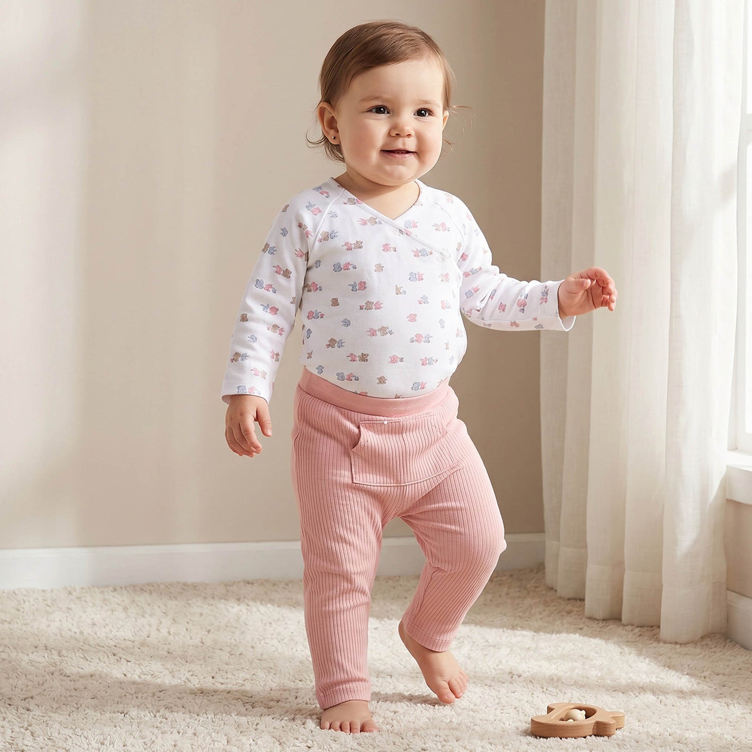 Juniors Cotton V-neck Long Sleeves Pyjama Set with Bear Print - Multicolour / 12-18 mths
