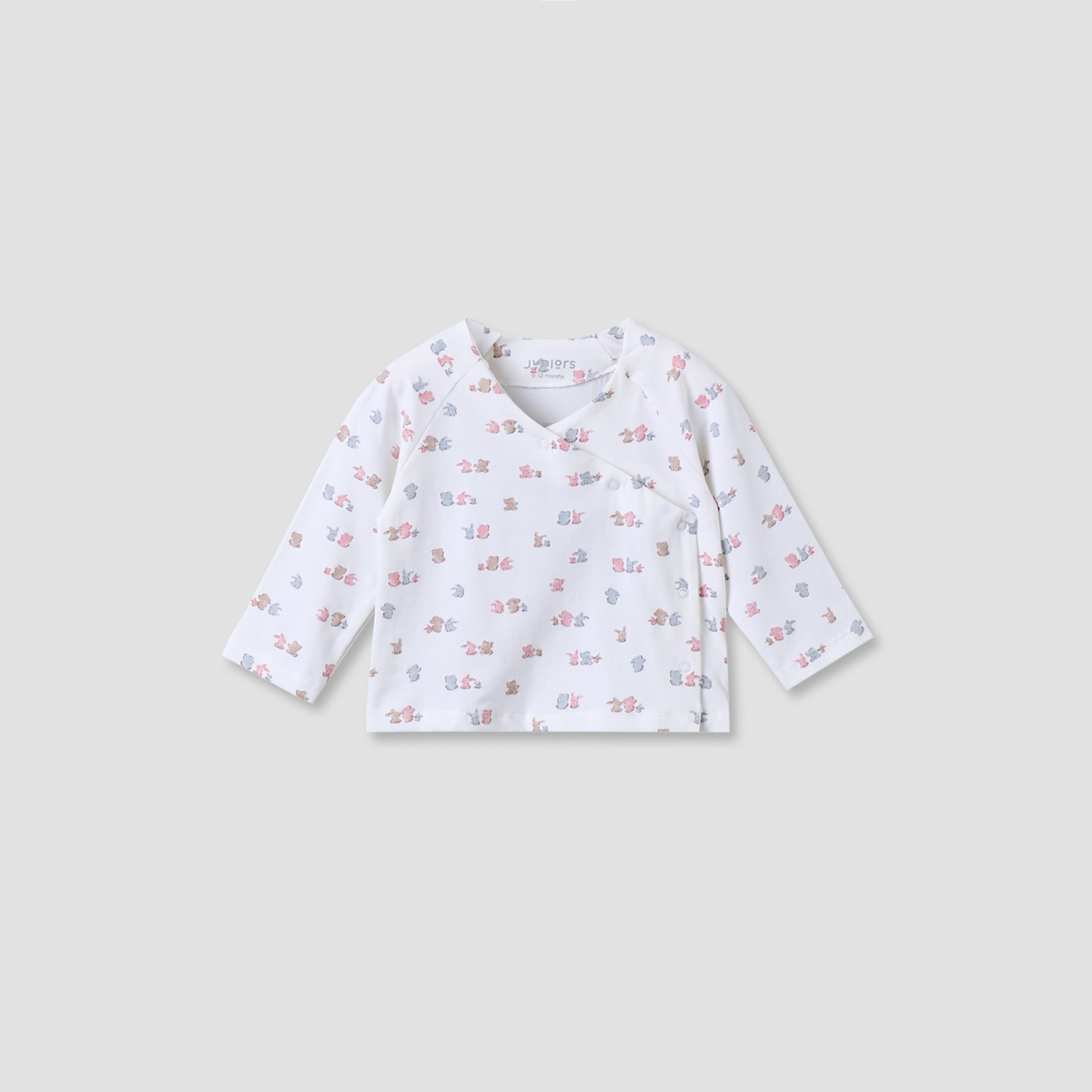 Juniors Cotton V-neck Long Sleeves Pyjama Set with Bear Print