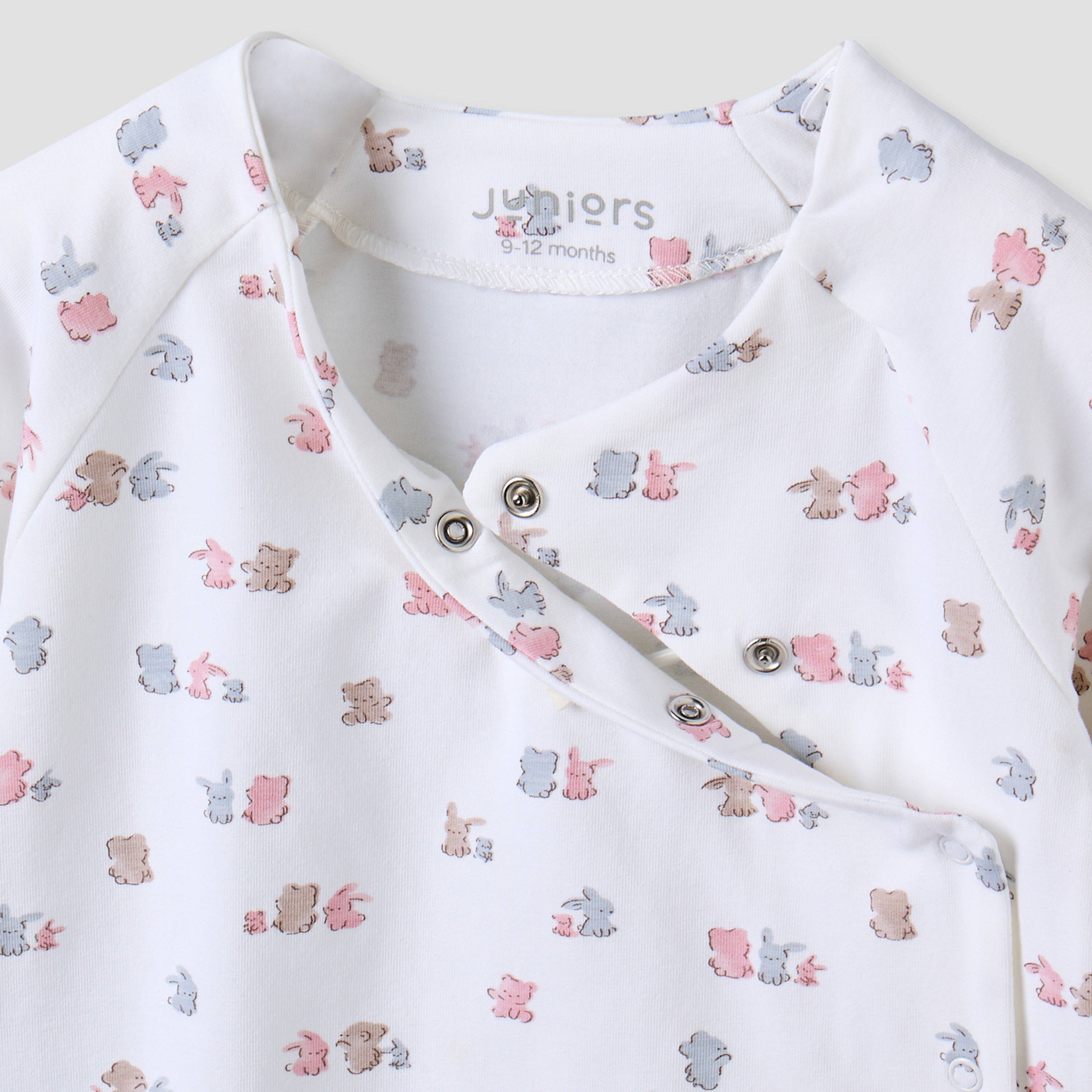 Juniors Cotton V-neck Long Sleeves Pyjama Set with Bear Print
