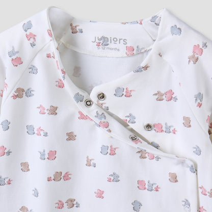 Juniors Cotton V-neck Long Sleeves Pyjama Set with Bear Print