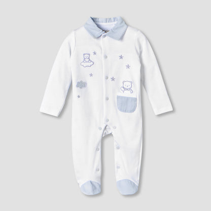 Giggles Cotton Collared Long Sleeves Sleepsuit with Embroidery - Blue / 9-12 mths