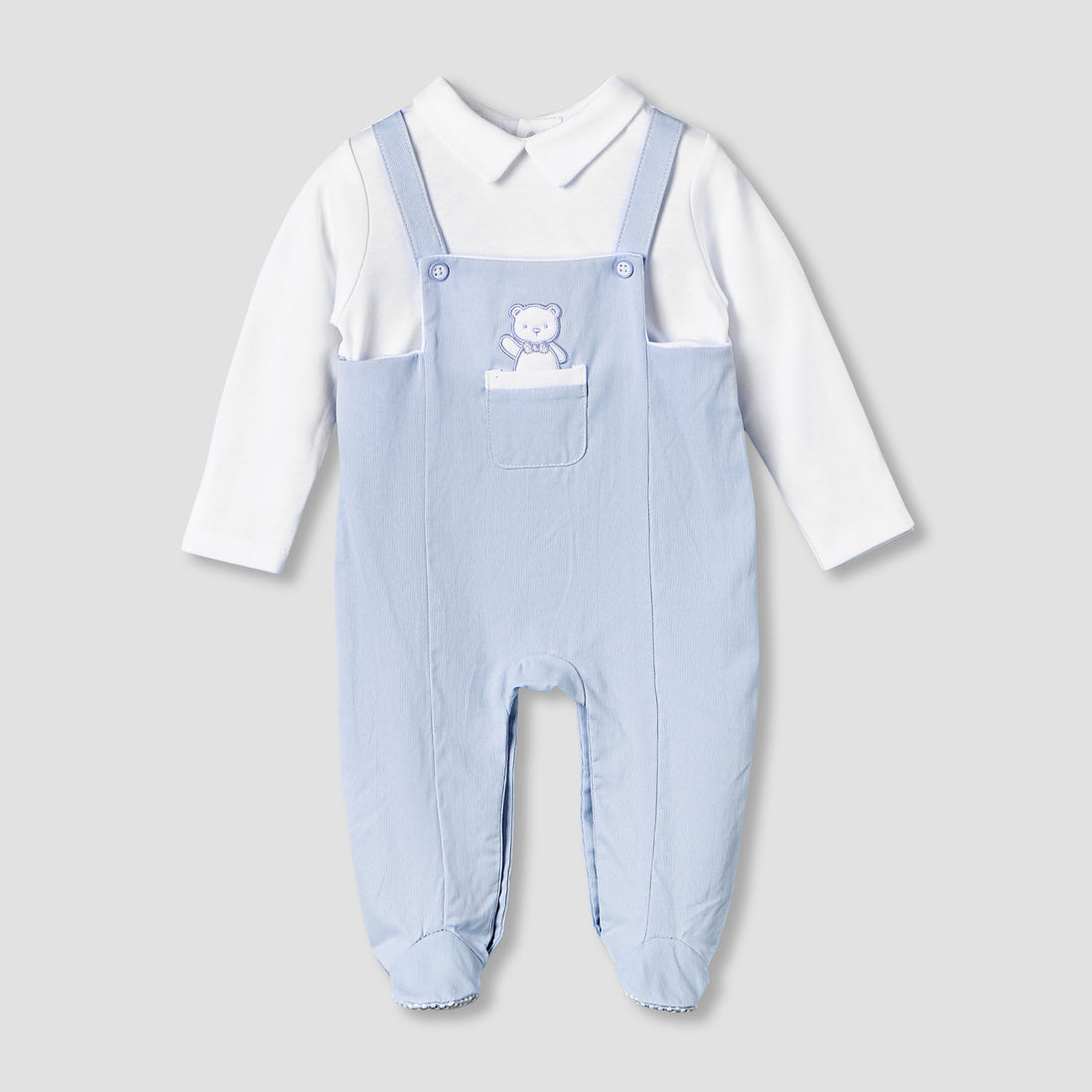 Giggles Cotton Collared Long Sleeves Sleepsuit with Embroidery - Blue / 9-12 mths