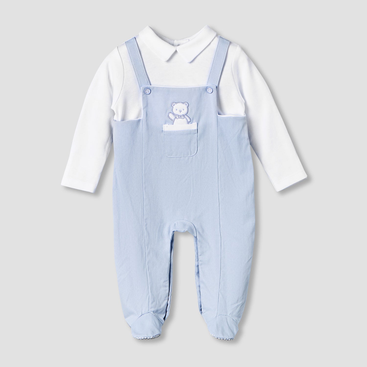 Giggles Cotton Collared Long Sleeves Sleepsuit with Embroidery - Blue / 9-12 mths