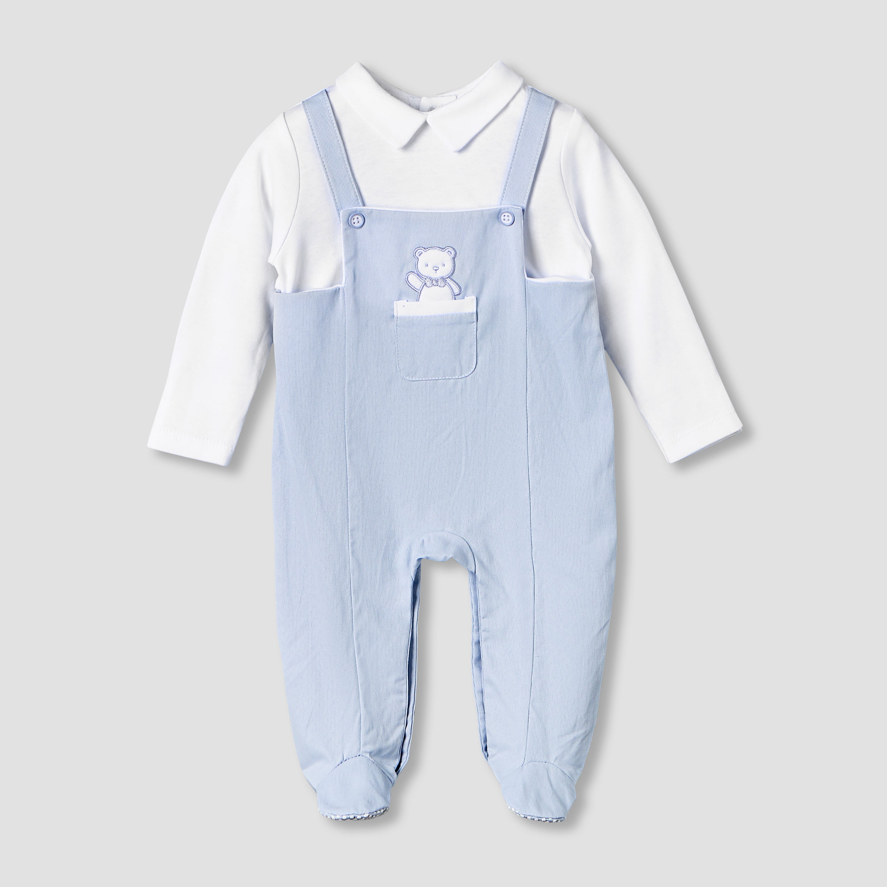 Giggles Cotton Collared Long Sleeves Sleepsuit with Embroidery - Blue / 9-12 mths