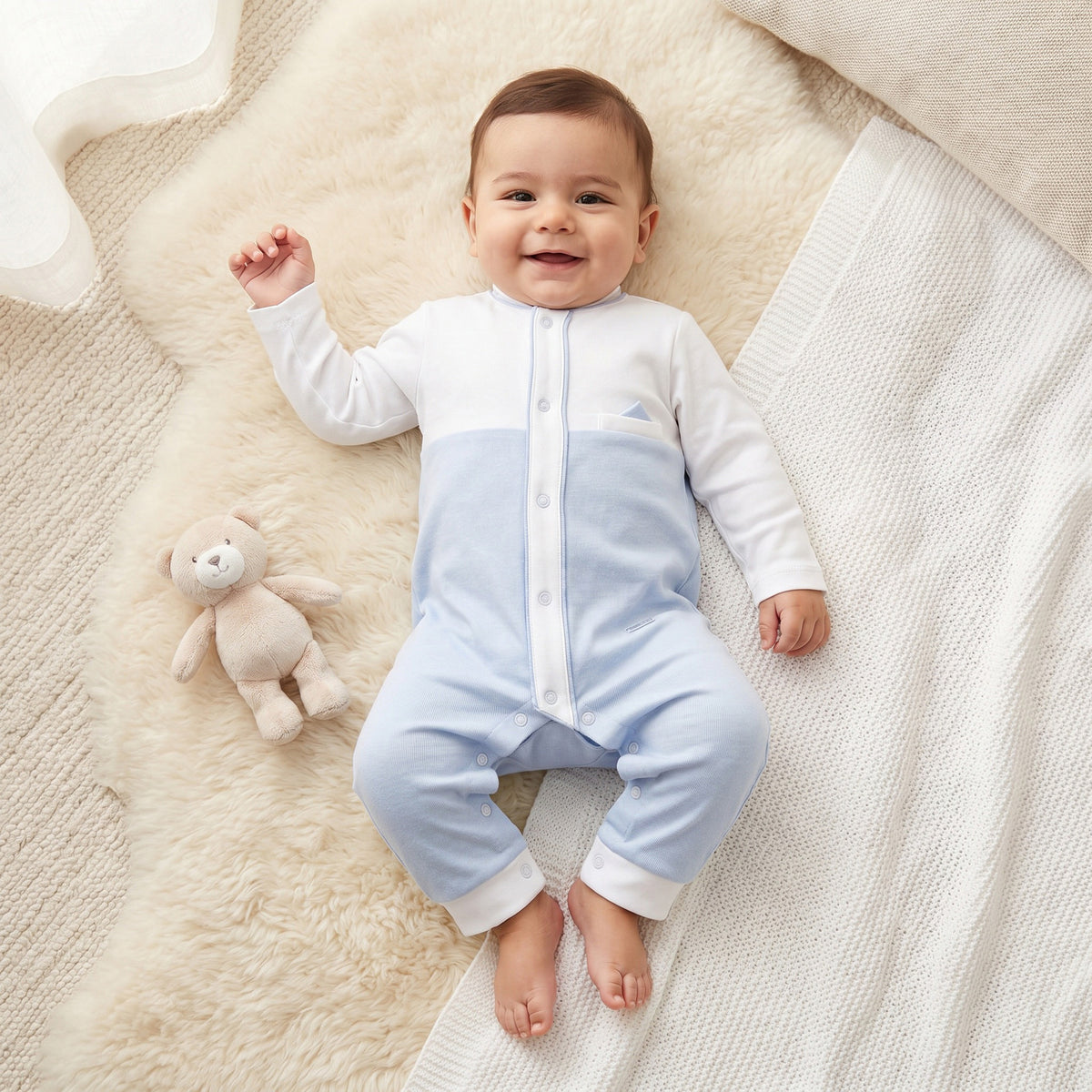 Giggles Cotton Round Neck Long Sleeves Sleepsuit with Pocket Square Detail