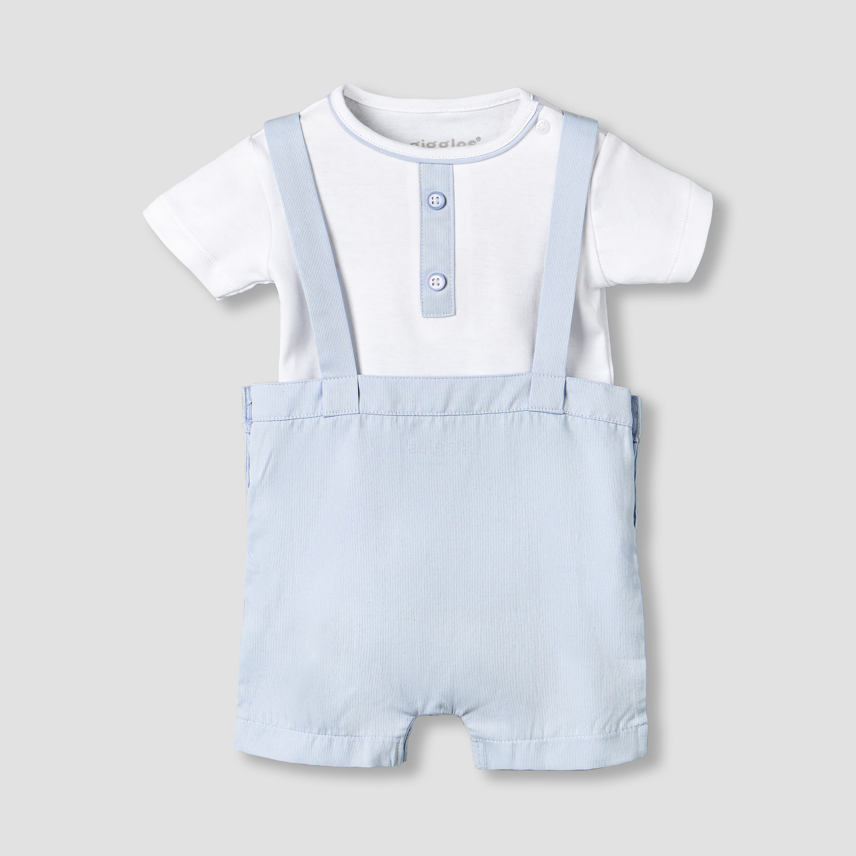 Giggles Crew Neck Short Sleeves T-shirts and Dungaree Set with Stripes - Blue / 12-18 mths