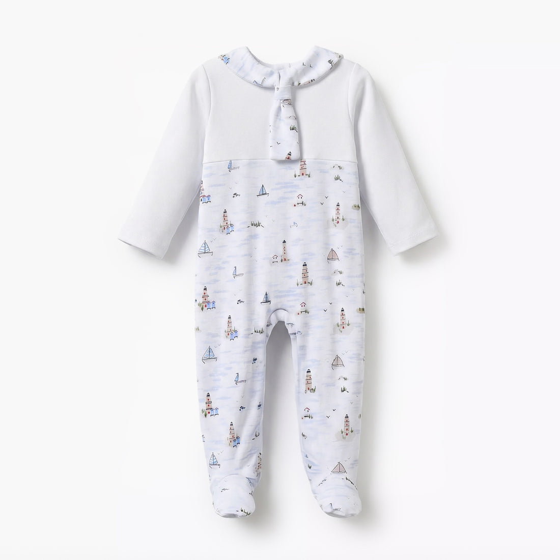 Juniors Cotton Sailor Collar Long Sleeves Sleepsuit with Nautical Print - Blue / 9-12 mths