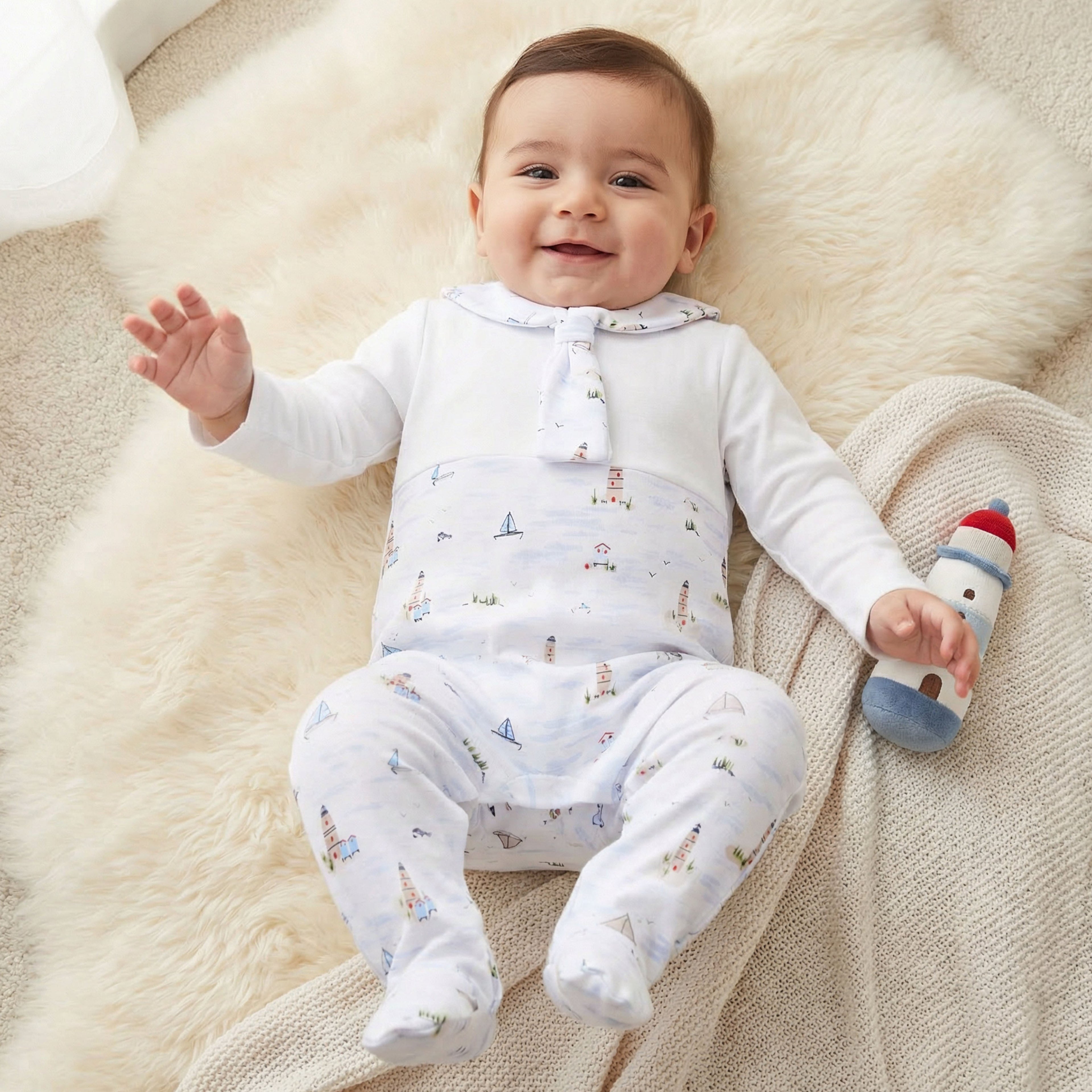 Juniors Cotton Sailor Collar Long Sleeves Sleepsuit with Nautical Print - Blue / 9-12 mths