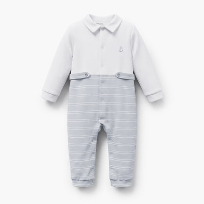 Juniors Cotton Collared Long Sleeves Sleepsuit with Stripes - Blue / 12-18 mths