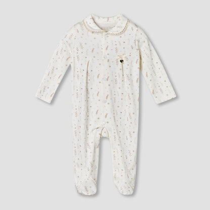 Giggles Supima Cotton Peter Pan Collar Long Sleeves Sleepsuit with Floral Print