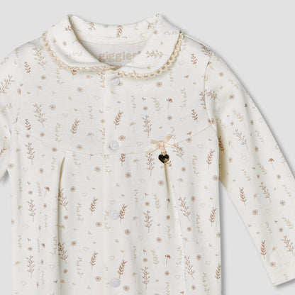 Giggles Supima Cotton Peter Pan Collar Long Sleeves Sleepsuit with Floral Print