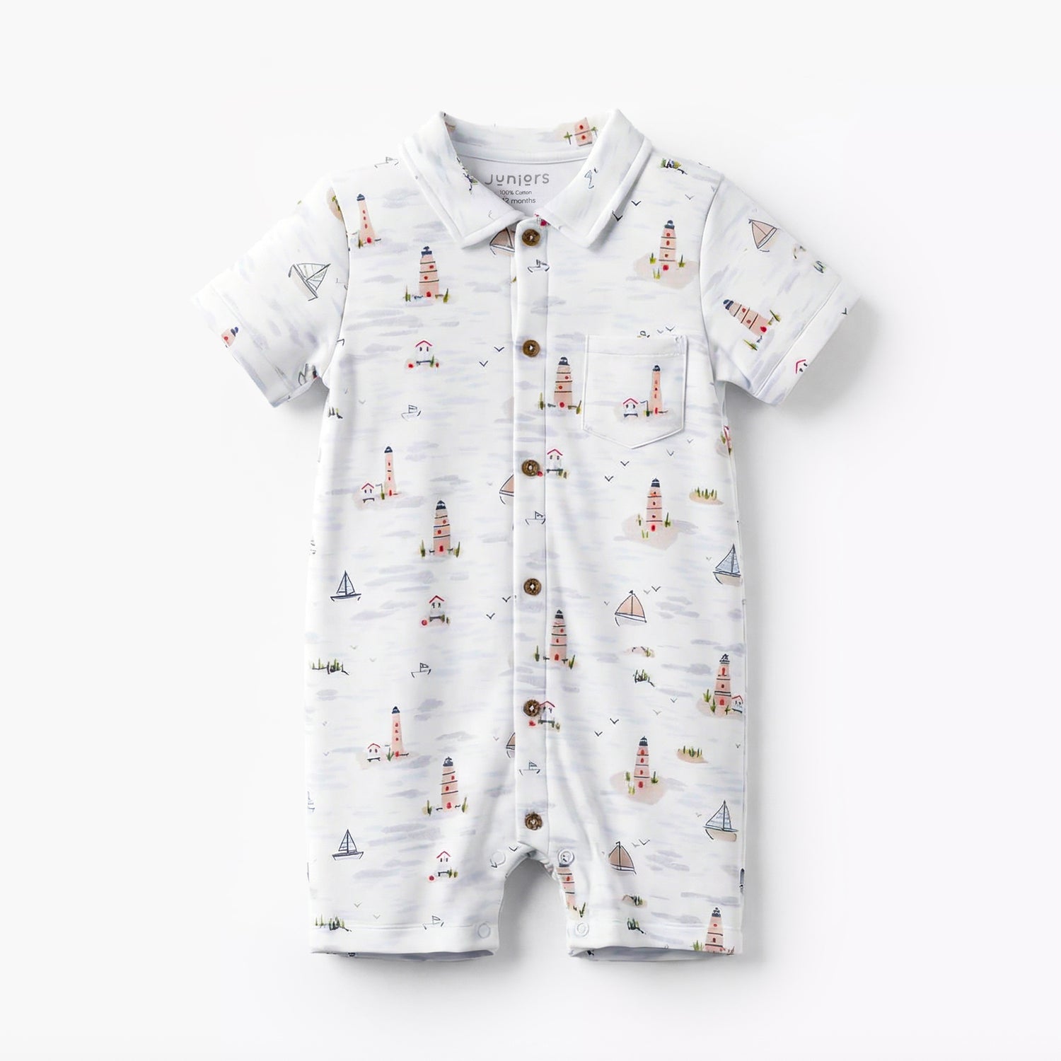 Juniors Collared Short Sleeve Romper with Button Closure