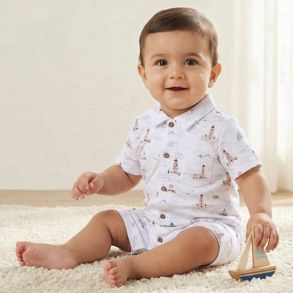 Juniors Collared Short Sleeve Romper with Button Closure