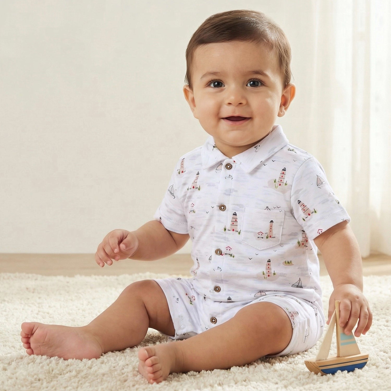 Juniors Collared Short Sleeve Romper with Button Closure