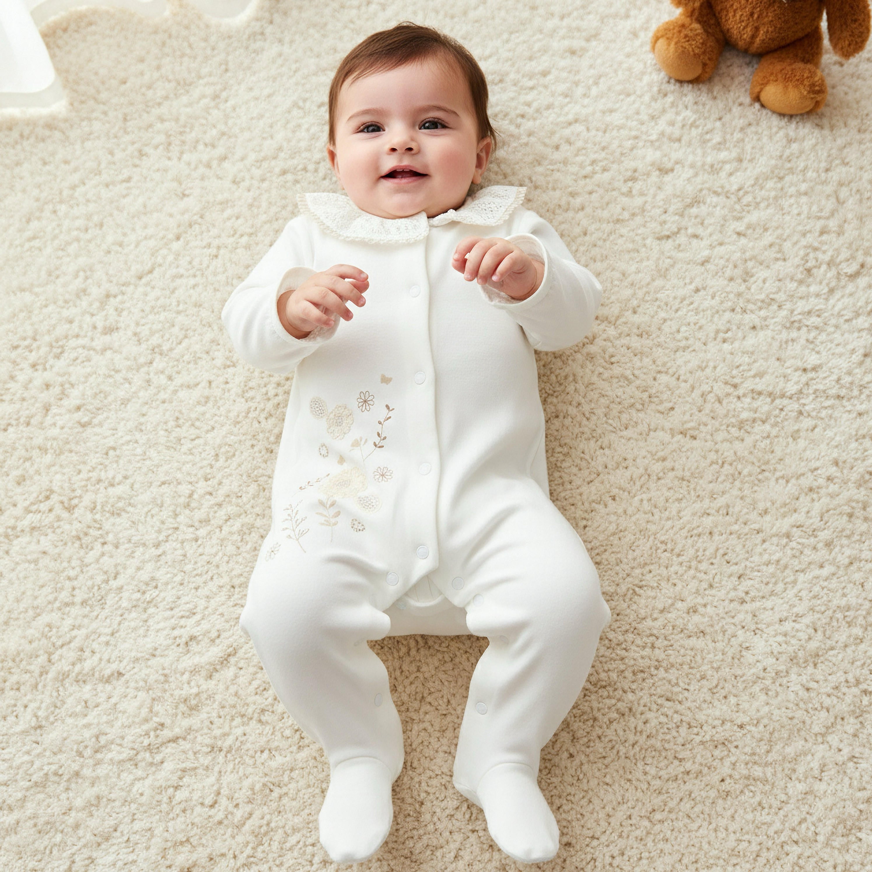 Giggles Supima Cotton Collar Long Sleeves Sleepsuit with Floral Embroidery - Cream / 9-12 mths