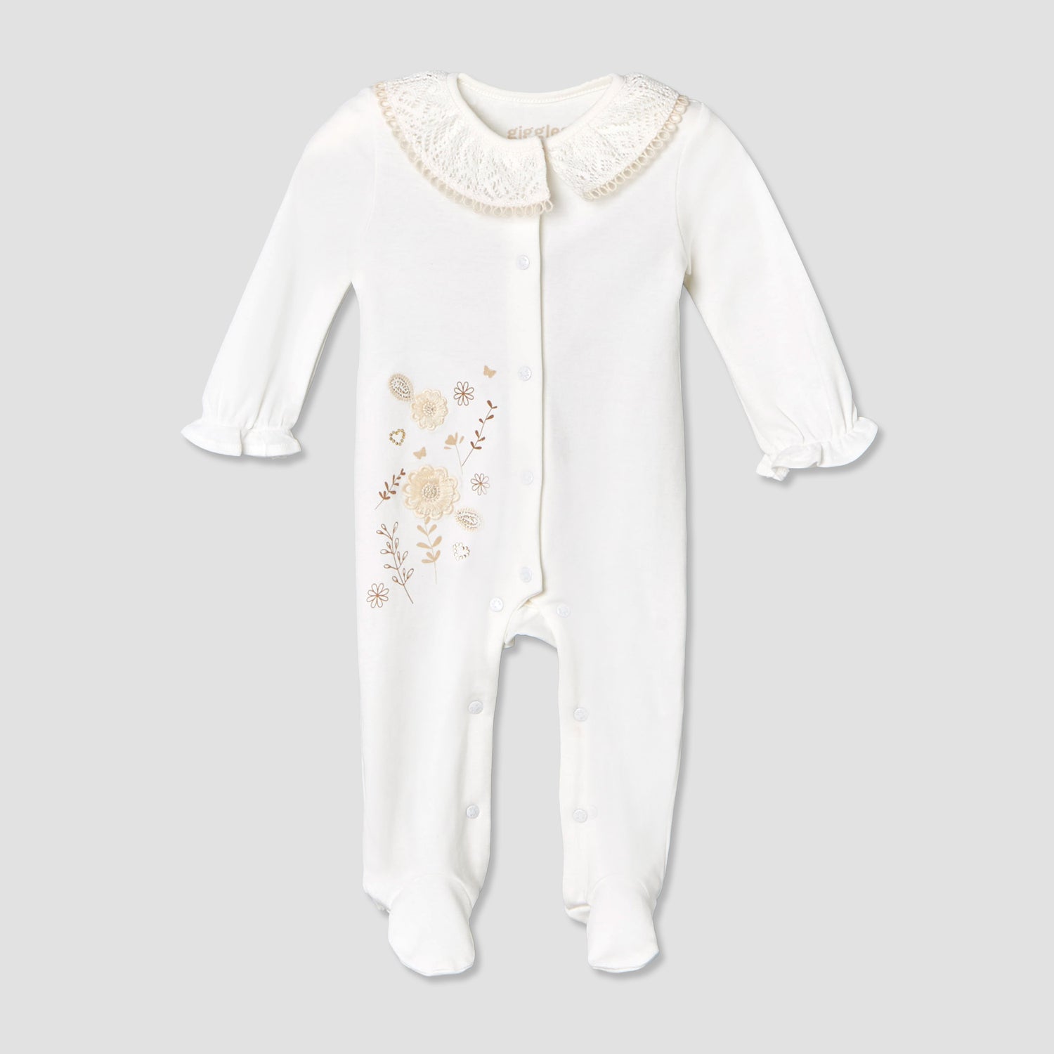 Giggles Supima Cotton Collar Long Sleeves Sleepsuit with Floral Embroidery
