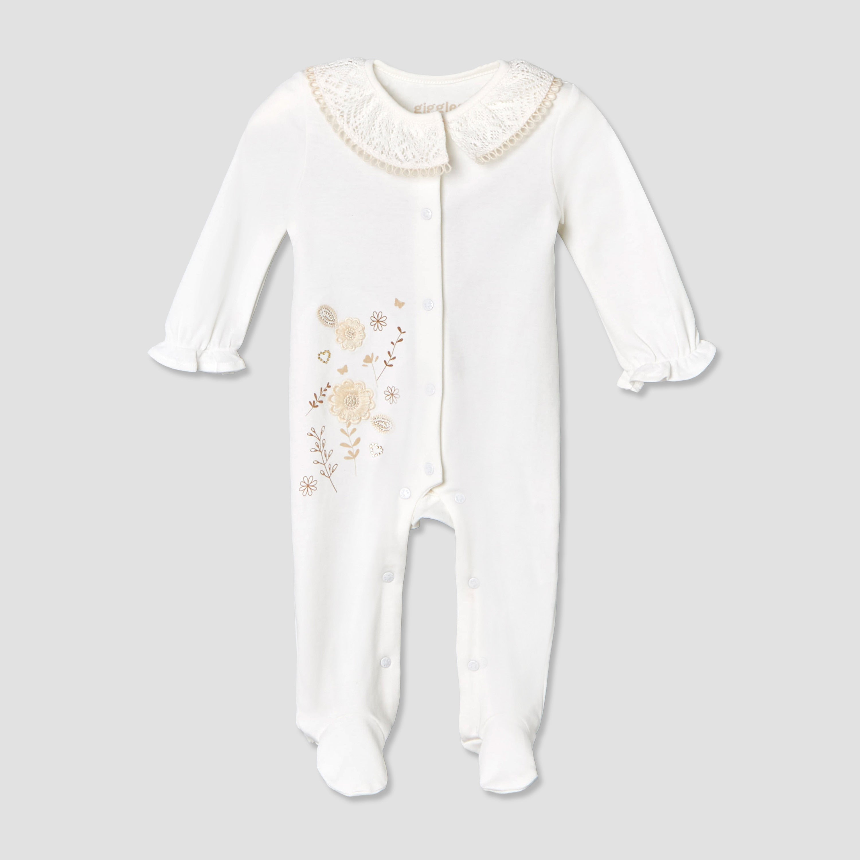 Giggles Supima Cotton Collar Long Sleeves Sleepsuit with Floral Embroidery
