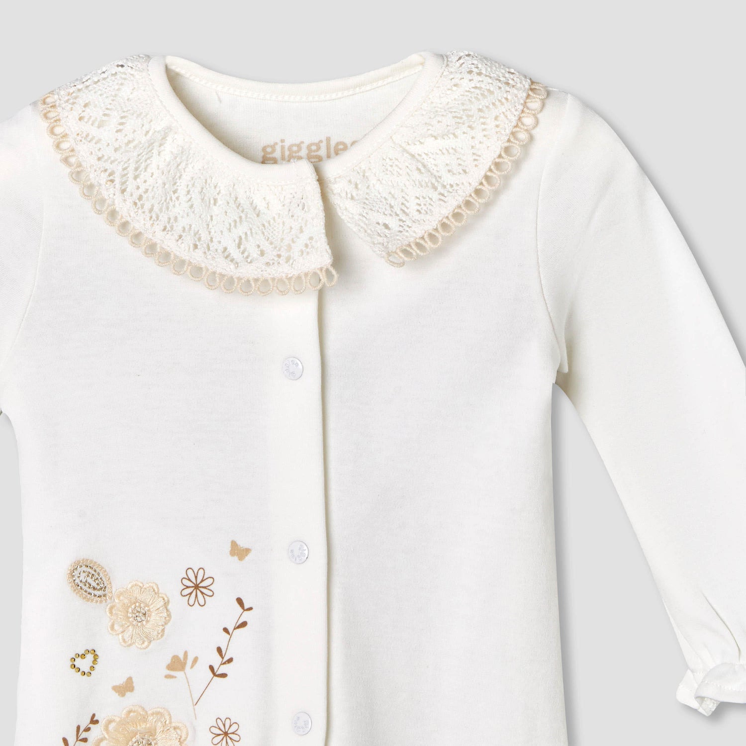 Giggles Supima Cotton Collar Long Sleeves Sleepsuit with Floral Embroidery