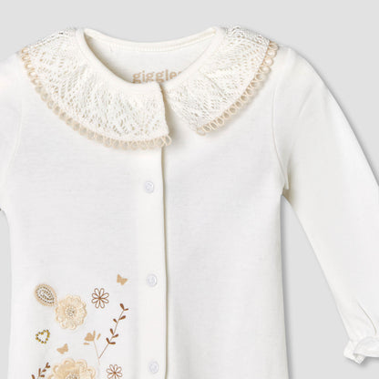 Giggles Supima Cotton Collar Long Sleeves Sleepsuit with Floral Embroidery