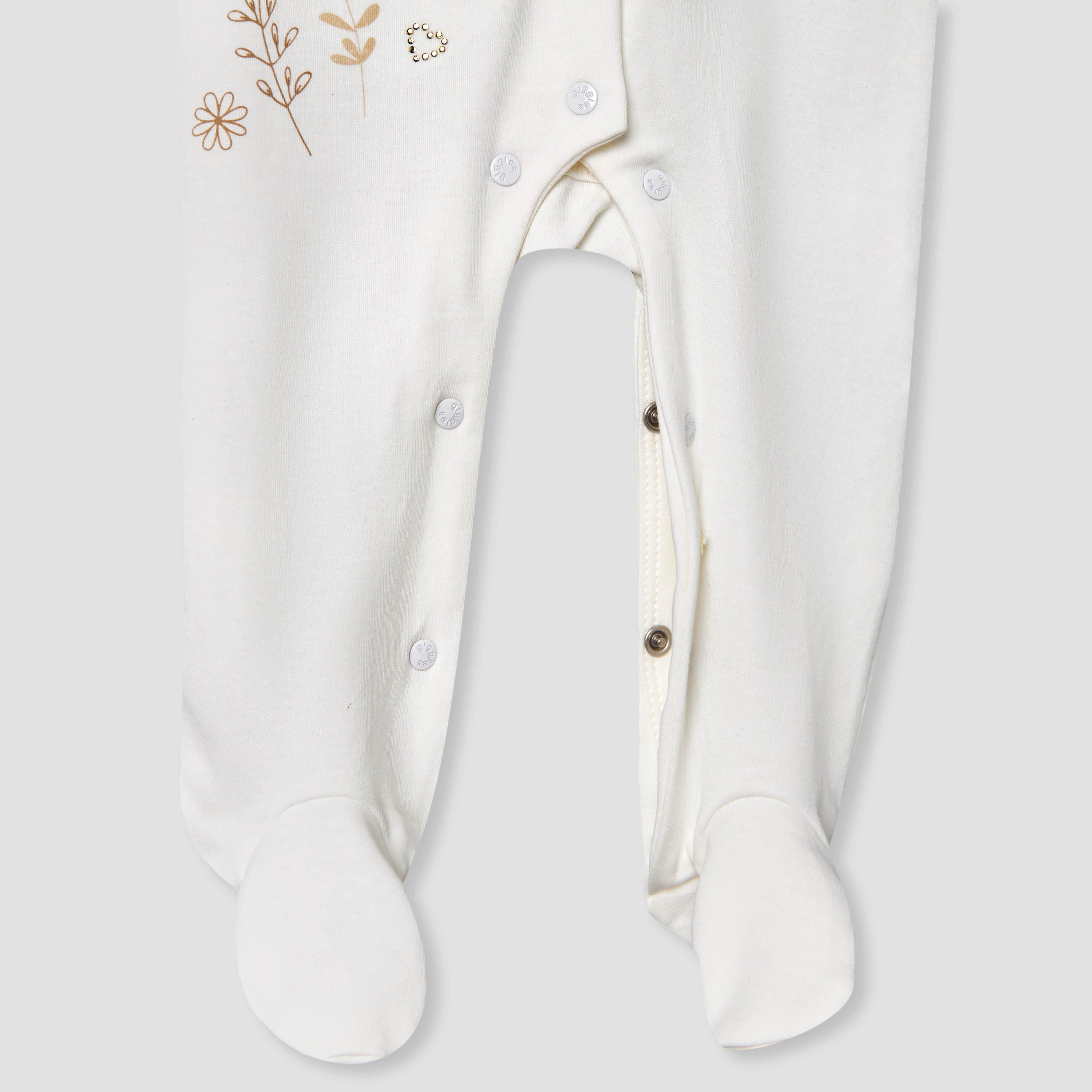 Giggles Supima Cotton Collar Long Sleeves Sleepsuit with Floral Embroidery
