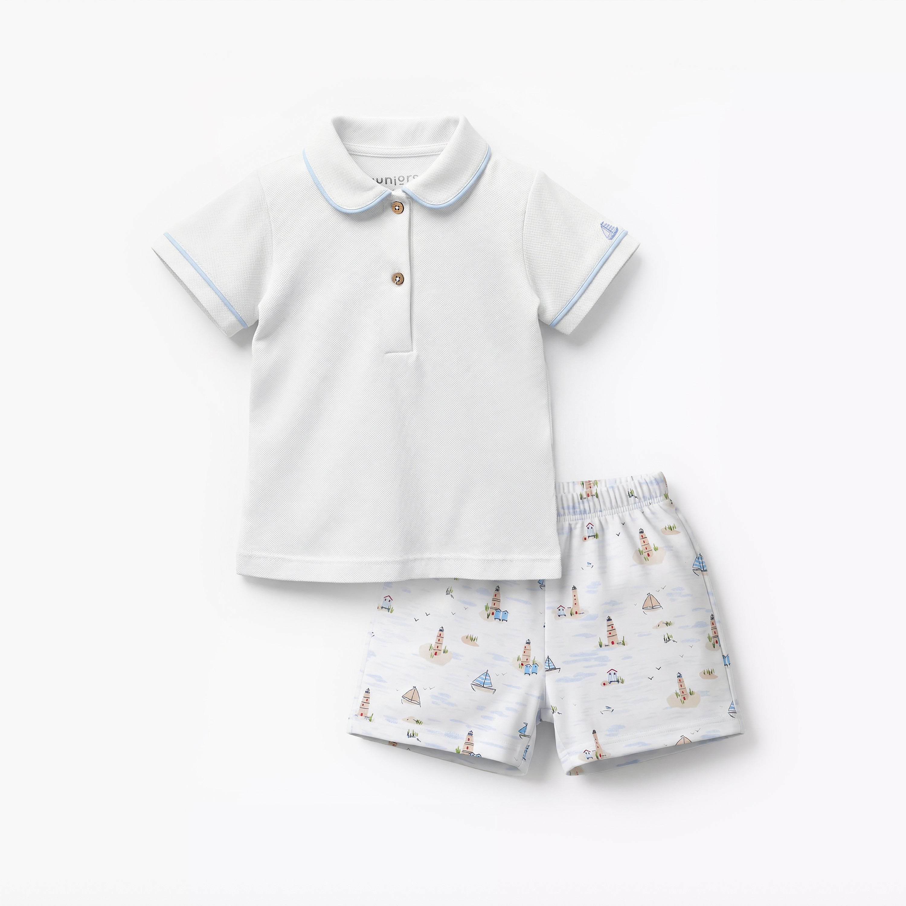 Juniors Cotton Collared Short Sleeves T-shirt and Shorts Set with Nautical Print