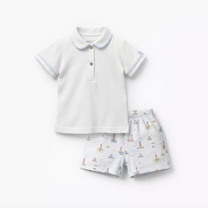 Juniors Cotton Collared Short Sleeves T-shirt and Shorts Set with Nautical Print