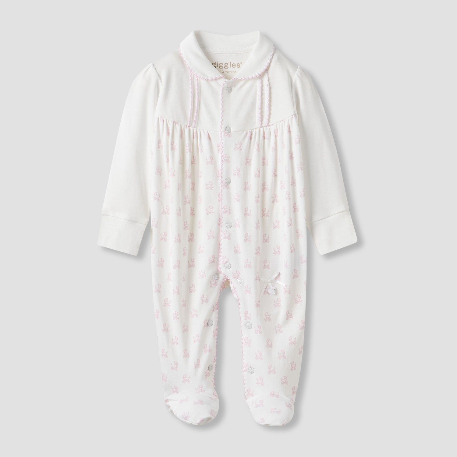 Giggles Pram Print Collared Sleepsuit with Long Sleeves - Cream / 9-12 mths