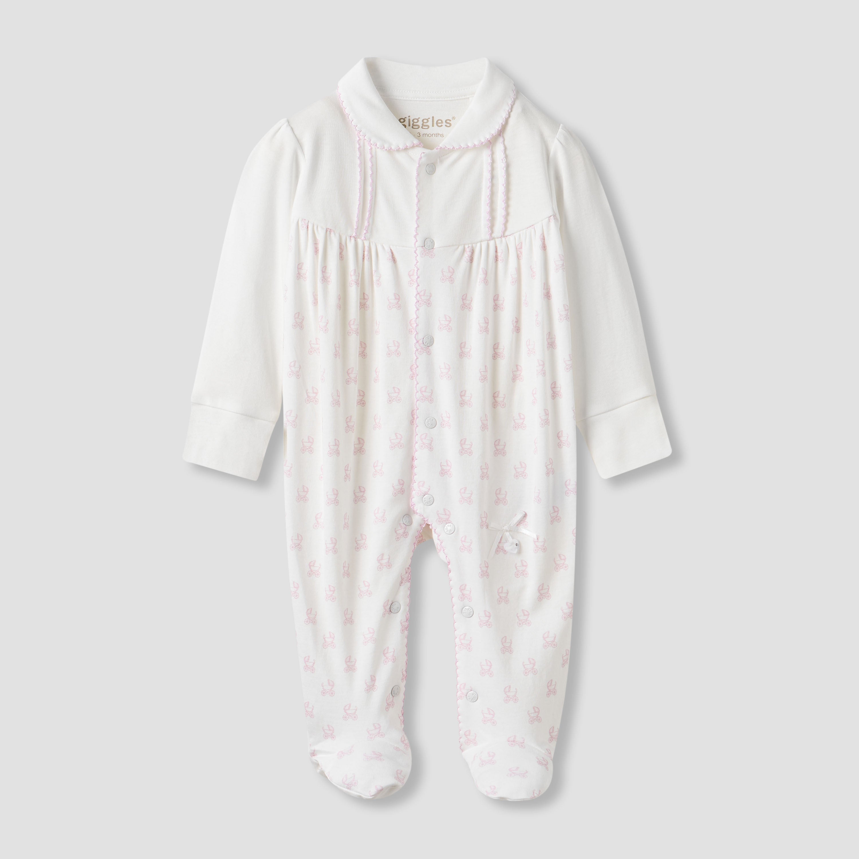Giggles Pram Print Collared Sleepsuit with Long Sleeves - Cream / 9-12 mths